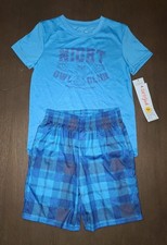 NEW BOYS CAT  JACK BLUE PLAID NIGHT OWL PAJAMA SHORT SET SIZE S 6-7
