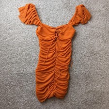 Zara Dress Womens M Orange Ruched Off Shoulder Puff Sleeve Bodycon Mini Party