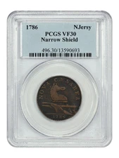 1786 New Jersey PCGS VF30 (Narrow Shield) - Colonials - Important Colonial Issue