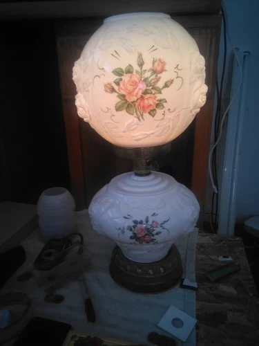 Vintage Milk Glass Table Boudoir Lamp With Hand  Painted Flowers 19in. tall