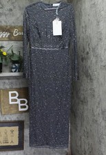 Mac Duggal Beaded Tea Length Dress Gown with Sheer Sleeves Charcoal Gray 8