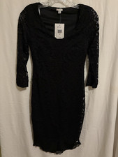 GUESS Women's Black Lace Sheath Dress V-Neck 3/4 Sleeve Knee Length