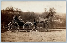 c1910's Man Riding Horse Buggy Carriage Dirt Road RPPC Photo Antique Postcard