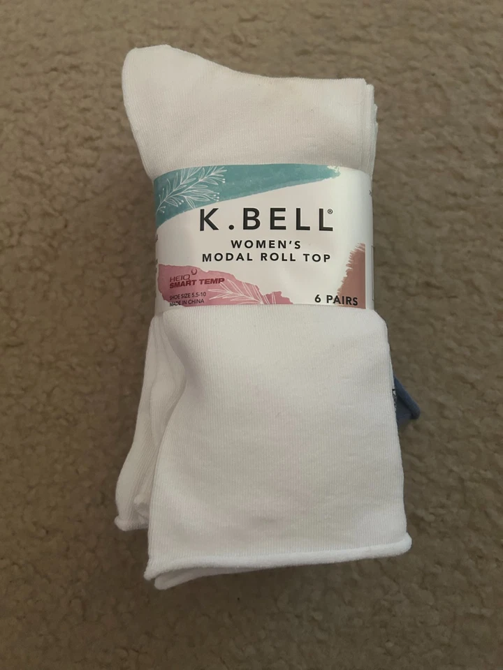 Meias femininas K BELL modal roll top tripulação, 6 pares multicoloridas - tamanho 5,5-10 - Imagem 2 de 4