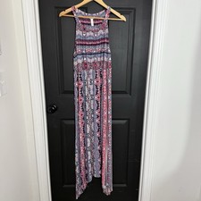 Soma Womens L Halter Maxi Dress Blue Paisley Tropical Scoop Neck Vacation
