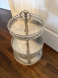 Double Row Crystal Bead Three Tier Serving Tray Silver Tone