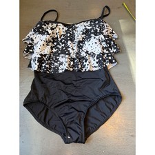 Maxine of Hollywood One Piece Swimsuit Black White Floral Tiered Ruffle Sz 10