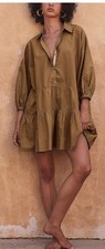 Women’s Brown Solid Tiered Collared Button-Front Shirt Dress 3/4 Sleeve XL