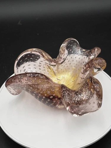 Vintage Murano Art Glass Bowl  Ashtray Flower Leaf Controlled Bubble 7" Heavy