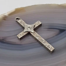 Vintage M&O 1/20 12K White Gold Plated Cross Charm Diamond Center.