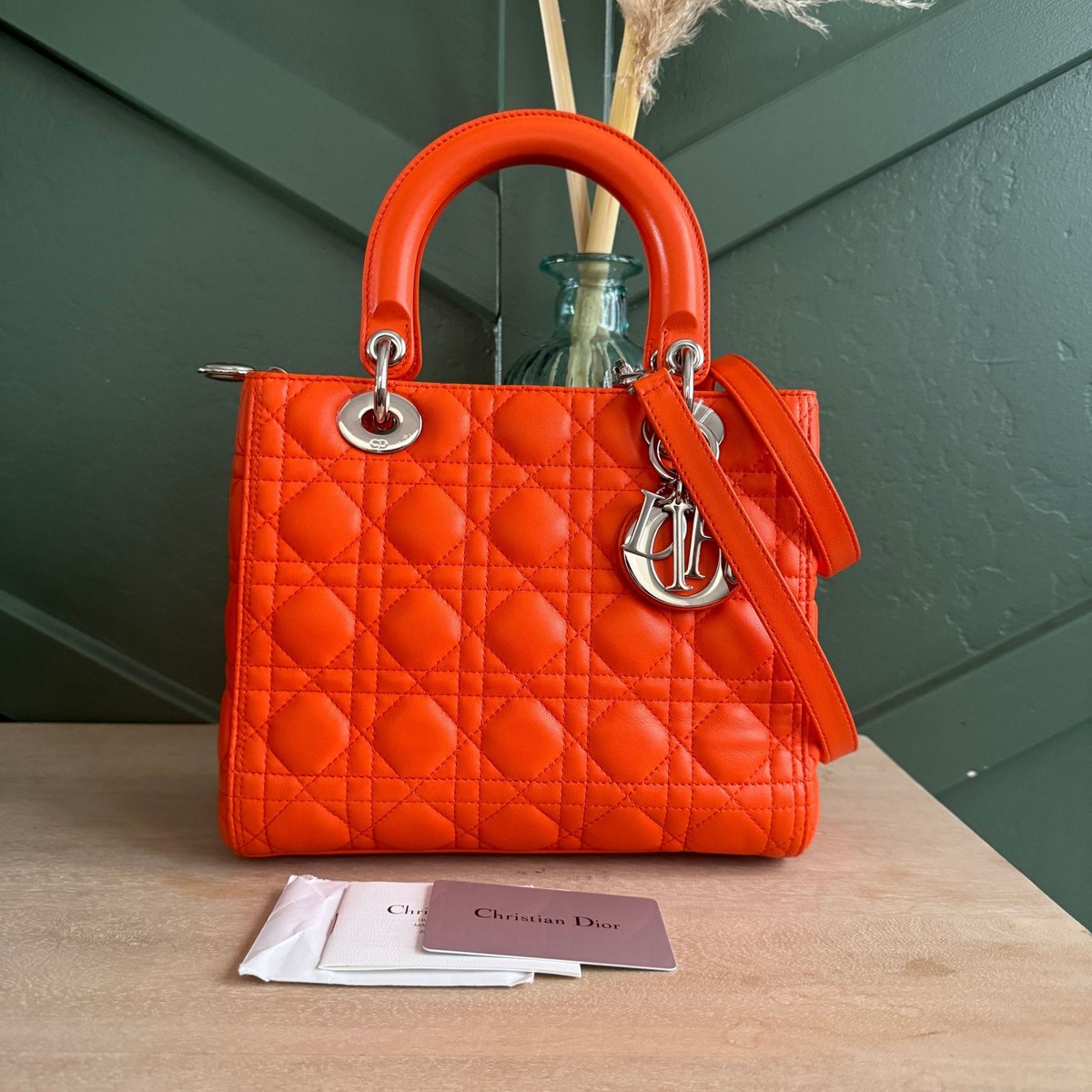 Christian Dior ハンドバッグ 129 CHRISTIAN DIOR LADY ORANGE MEDIUM SHOULDER BAG SILVER HW | eBay
