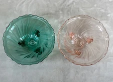 2) Vintage 1930's Jeanette Depression Footed Candy Dish Swirl Design Pink & Grn