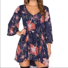 Free People Navy Floral Bell Sleeve V Neck Mini Dress Size 4