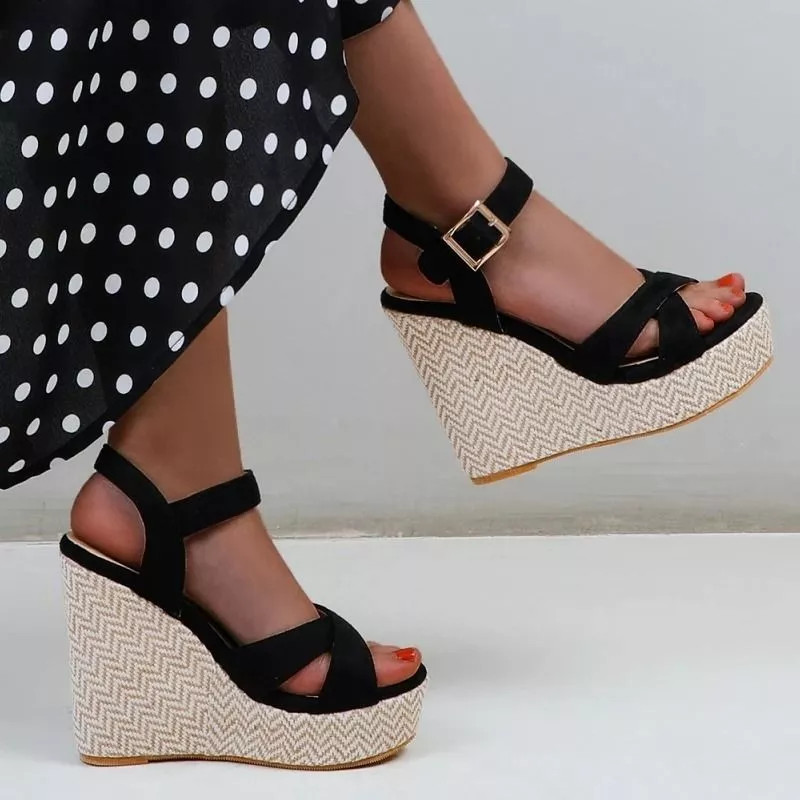 Sandalias Mujer De Cuña Cuerda Negro Tira Cruzada Tacón 12,5 cm CF9X2A