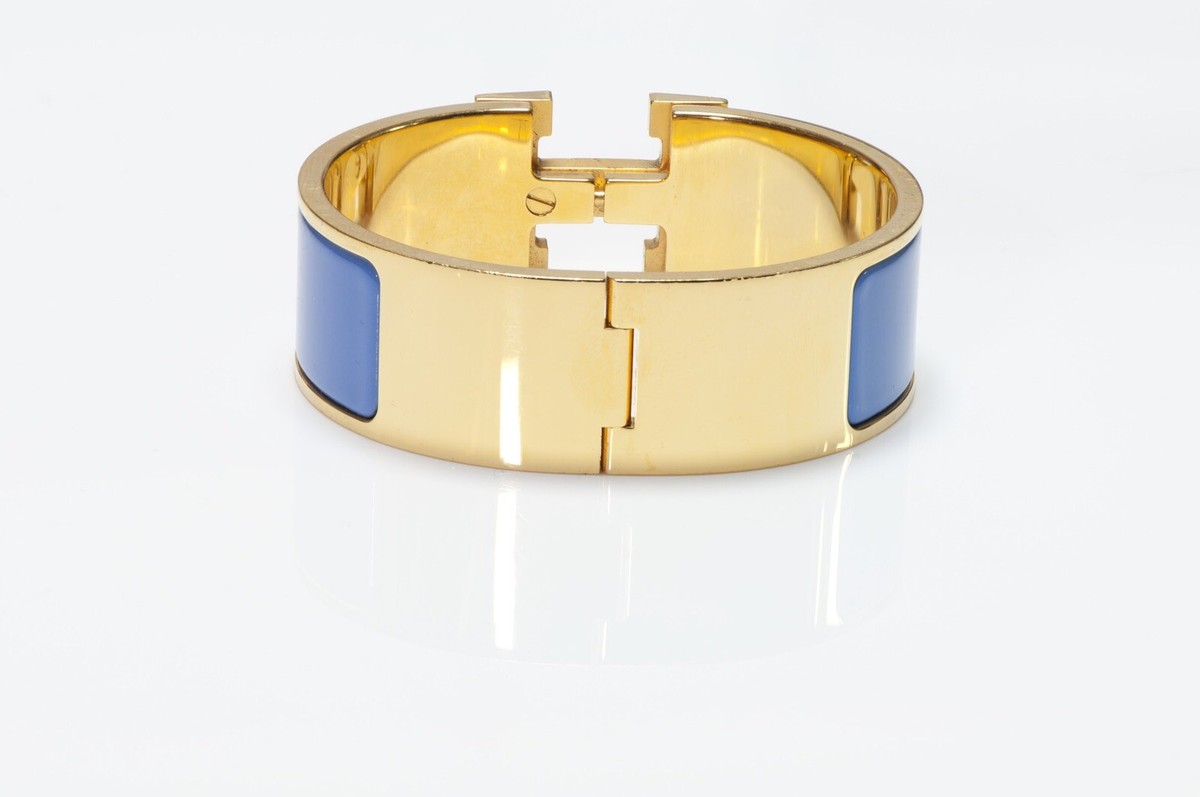 HERMES Paris Wide Gold Plated Blue Enamel H Clic Clac Bangle