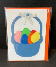 Handmade Easter Card UNUSED Basket of Eggs Real Ribbon Bow Hatching Chick Inside
