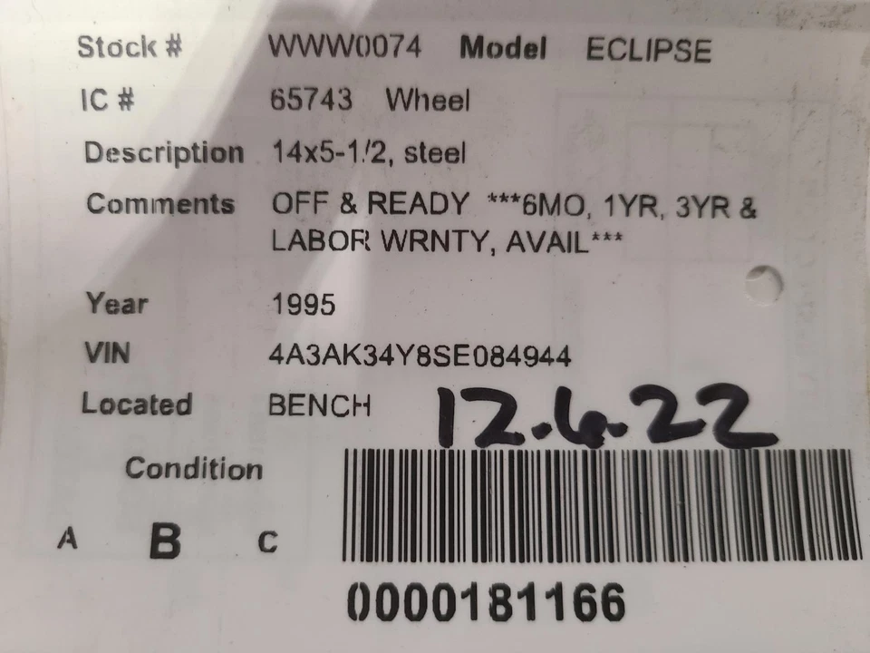 Used Wheel fits: 1995 Mitsubishi Eclipse 14x5-1/2 Grade B - Image 2 of 3