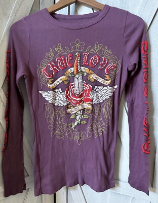Vocal Apparel Womens Purple True Love Sword Wings Rose Long Sleeve L Large y2k