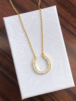 Cz Gold Horseshoe Necklace 925 Sterling Silver Pendant Womens 14mm(0.55'') 17.25''