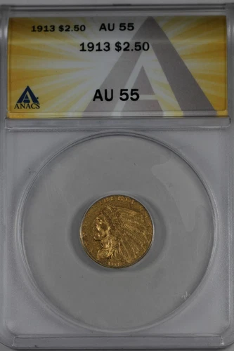 1913 G2.50 ANACS AU 55  INDIAN HEAD $2.50 GOLD PIECE