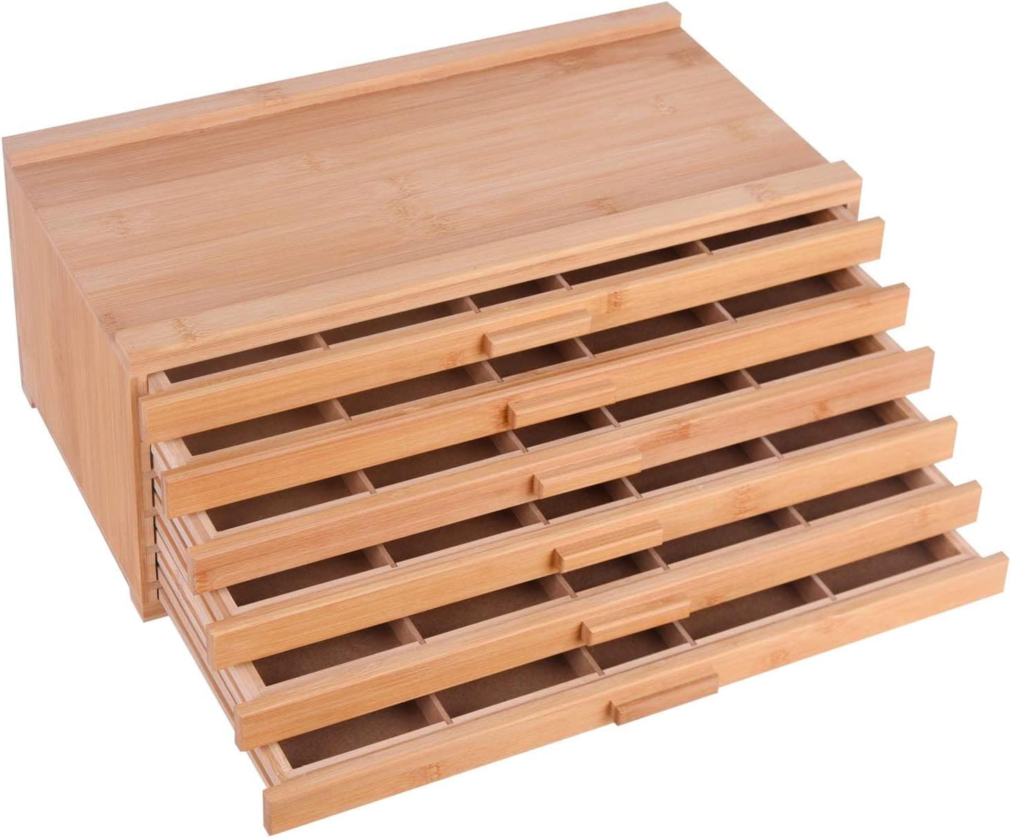 6 Drawer Bamboo Artist Supply Storage Box with Separate Compartments for Organiz