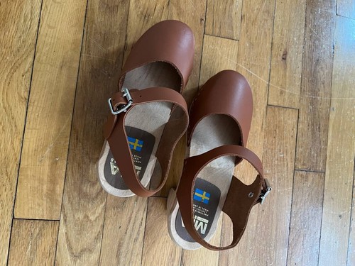 MIA Abba Summer Wooden Clog Sandals Sweden Size 38 Luggage Brown Leather - Picture 6 of 15