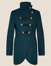Monsoon Lizzie Military Peacoat In Wool Blend Green Uk Size 18