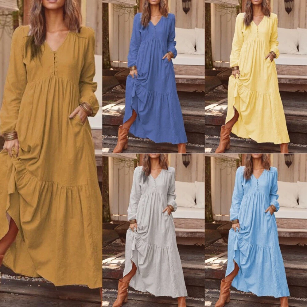 Womens Long Sleeve V-Neck Kaftan Casual Loose Baggy Oversize Maxi Dress Gown