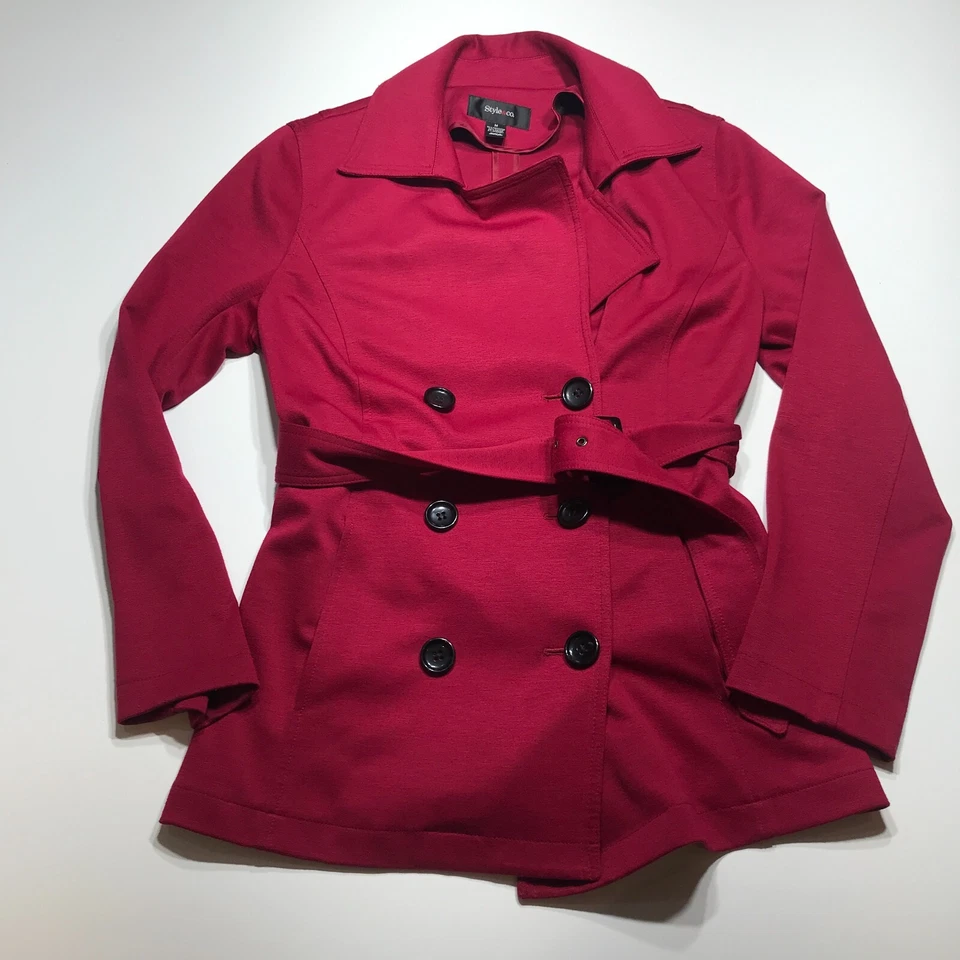 Style & Co. Jacket Womens Medium Red Belted Button Front Knit Double Breasted - Image 2 of 4
