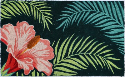 HIBISCUS BLOSSOM VINYL BACK COIR DOORMAT - 18'' x 30'' - TROPICAL WELCOME MAT