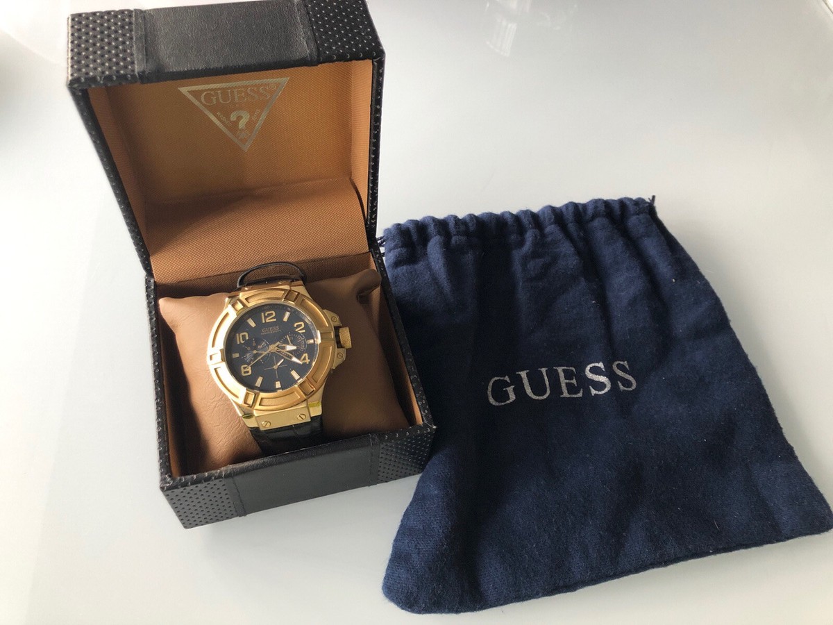 Mens black croc leather Rigor Guess Watch with gold hardware USED