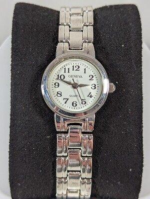 Geneva White Dial Round Silver Tone Case Link Bracelet Band Watch