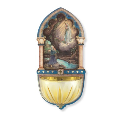 Our Lady of Lourdes 2D Holy Water Font, 5'', Wood back Gold-Embossed
