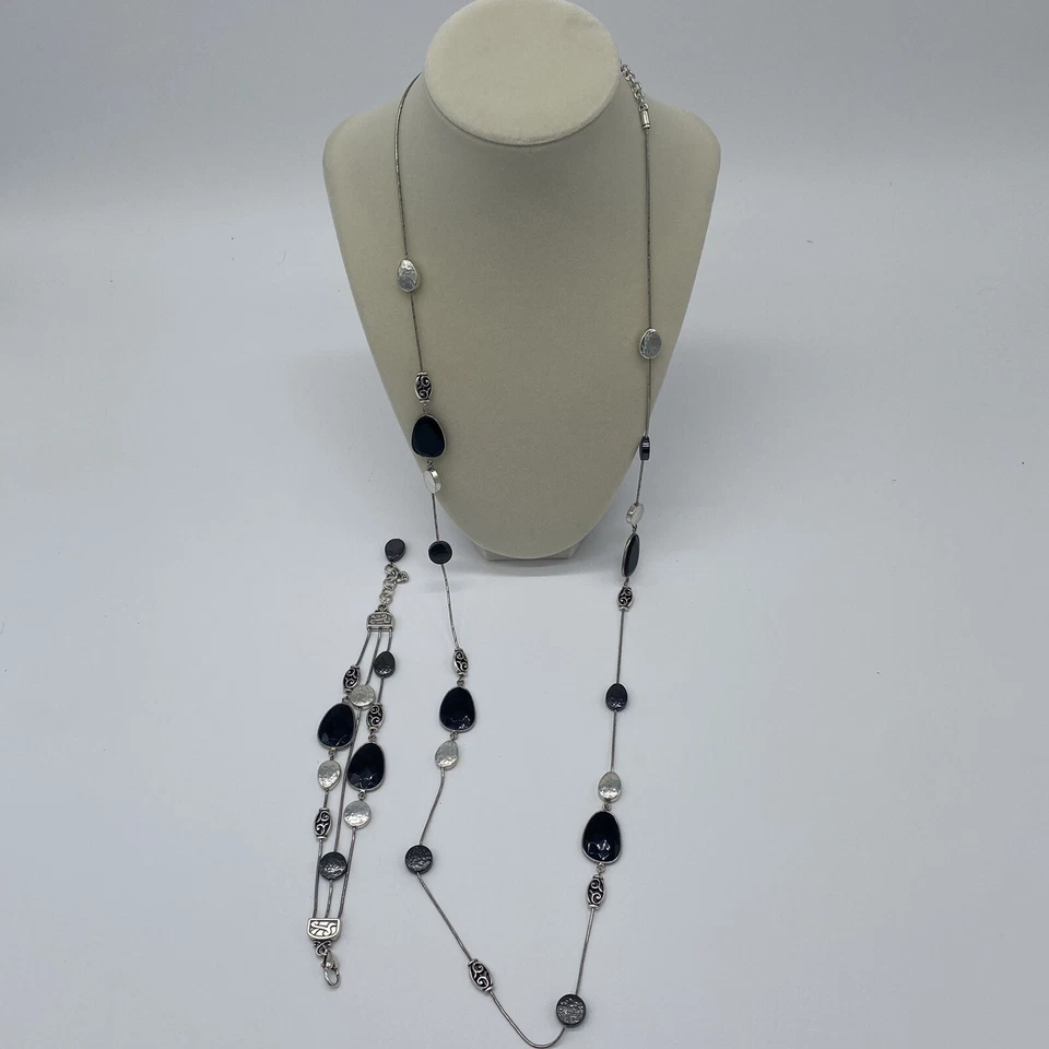Juego de collar y pulsera Brighton cadena larga piedras negras cuentas de plata y estaño Foto 4 de 4