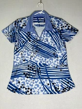 Ana Clare Active Blue White Black Animal Print Polo Top Women's Size Large