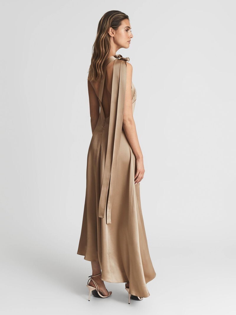 delphine one shoulder asymmetric maxi dress REISS Delphine One Shoulder Asymmetric Maxi Dress in Mink UK Size 6