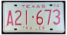 Texas 1974 TRAILER License Plate A21-673 - Very Nice! 