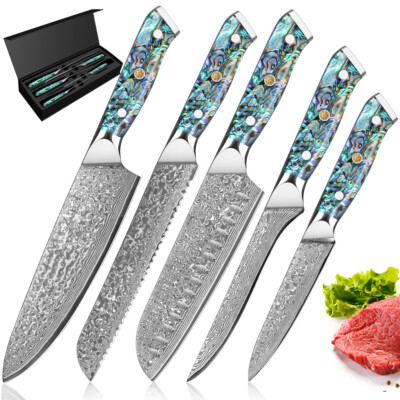 5teiliges Damastmesser Set Damaststahl Küchenmesser mit Abalone-Muschel Griff