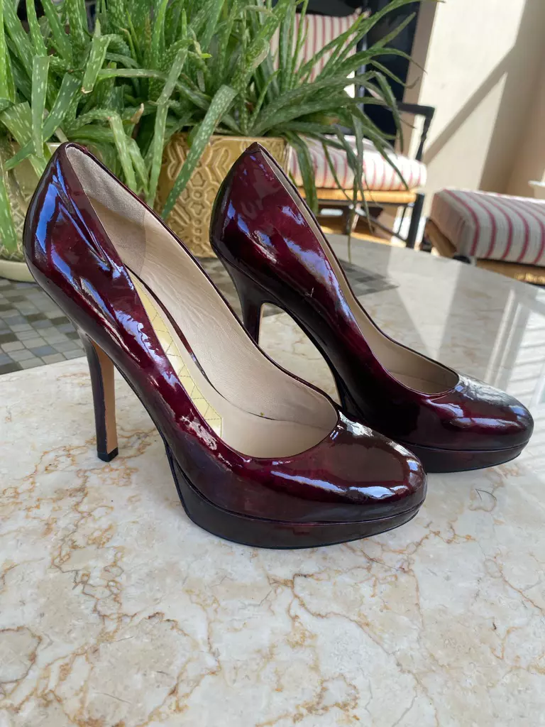 Burgundy patent top leather heels