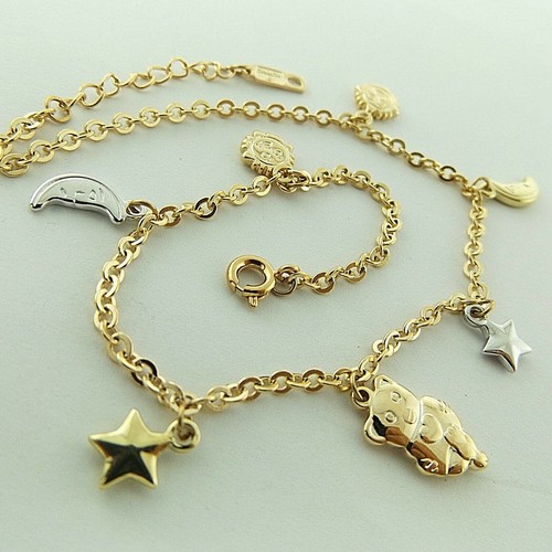 Anklet Genuine Real 18k Multi-Tone Gold Filled Moon Star Teddy Bear Charm Design - Picture 2 of 4
