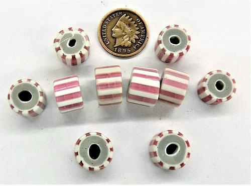 Amazing 10 Pink Peppermint Stripe Grey Core White Heart African Trade Beads 