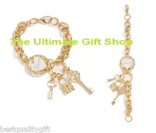 NEW-GOLD TONE GUESS CHAIN LINK w/ WHITE HEART,LOCK & KEY CRYSTAL CHARM BRACELET