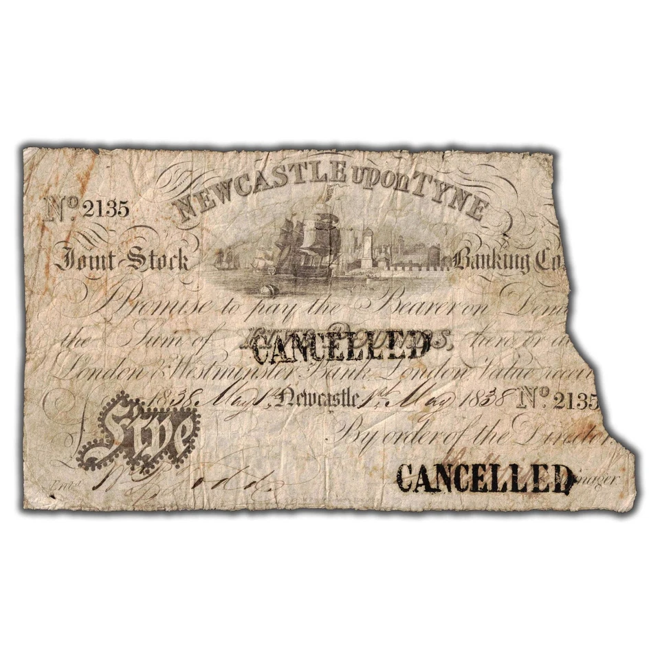 Great Britain 1838 Newcastle upon Tyne 5 Pounds Cancelled Note - Missing Piece - Image 2 of 3