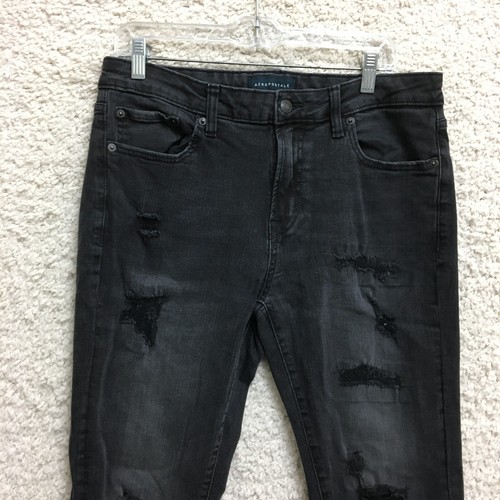 Aeropostale Jeans 33x32 Mens Black Skinny Distressed Ripped Dark Wash Casual - 第 2/12 張圖片