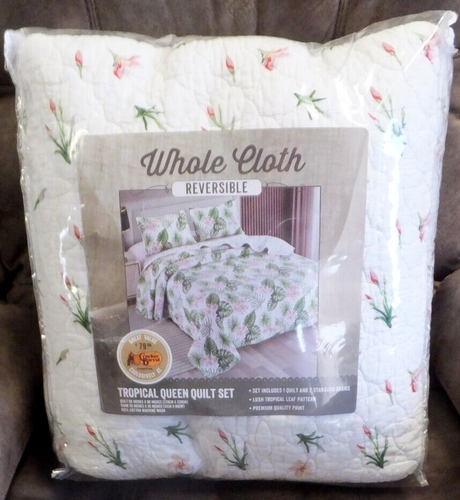 Tropical Queen Quilt FLOWERS BRAND NEW Cracker Barrel 2 Shams 90"x90 REVERSIBLE - Picture 2 of 13