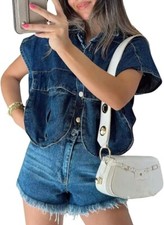 Women Cropped Denim Vest Collared Irregular Sleeveless Tank Jean Vest Shirt Tops