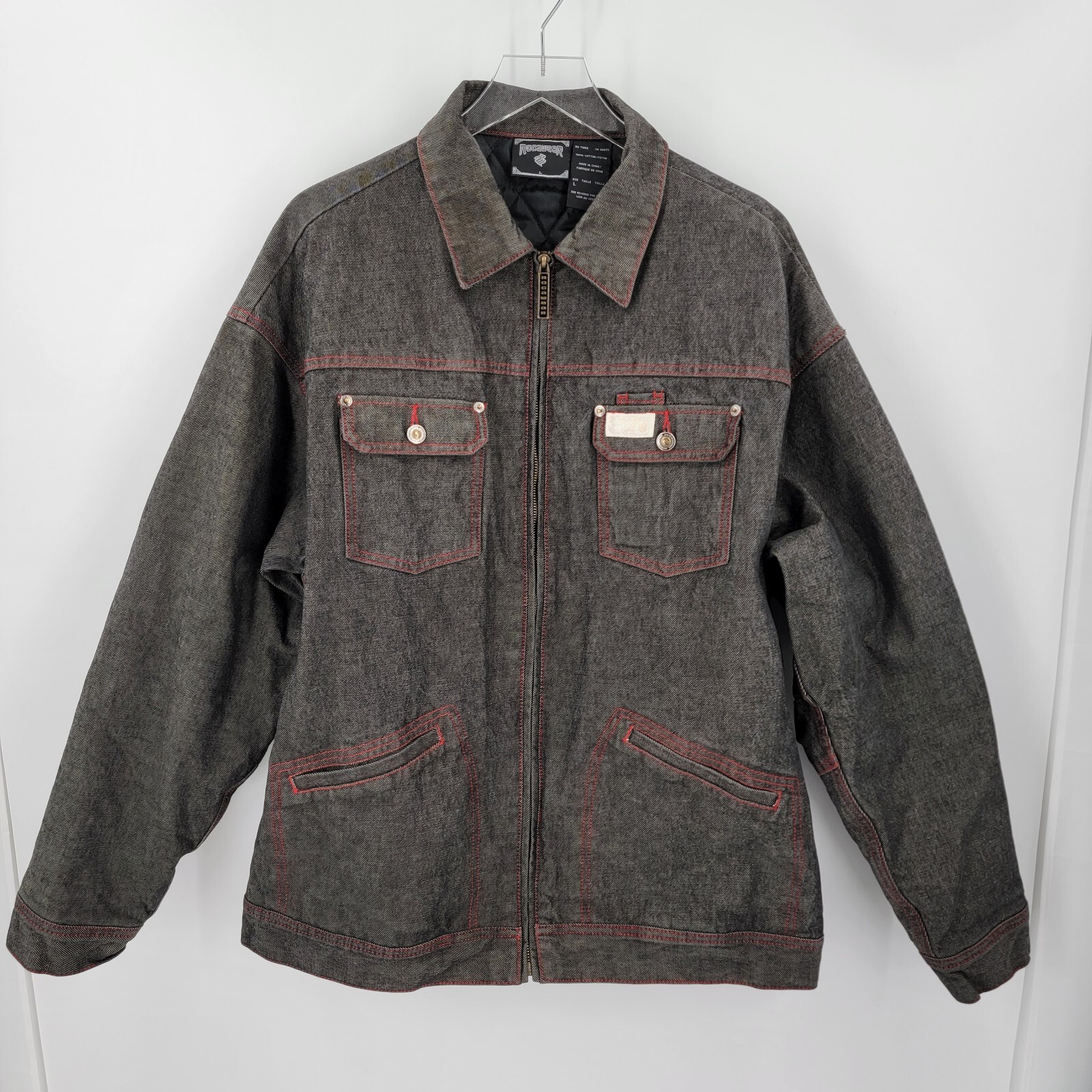Rocawear Denim Jacket Men's Large Quilted Lining Black Gray Red Stitching-image