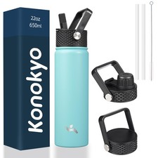 Insulated Water Bottle 22oz Stainless Steel with 3 Leakproof Lids