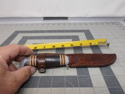 Vintage  Fixed Blade  Knife Queen Steel Leather stack Handle knife w/ sheath