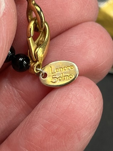 Lenore Solmo Signed Black Beads Necklace Glass & Floral Design Pendant 16” Long - Picture 10 of 14